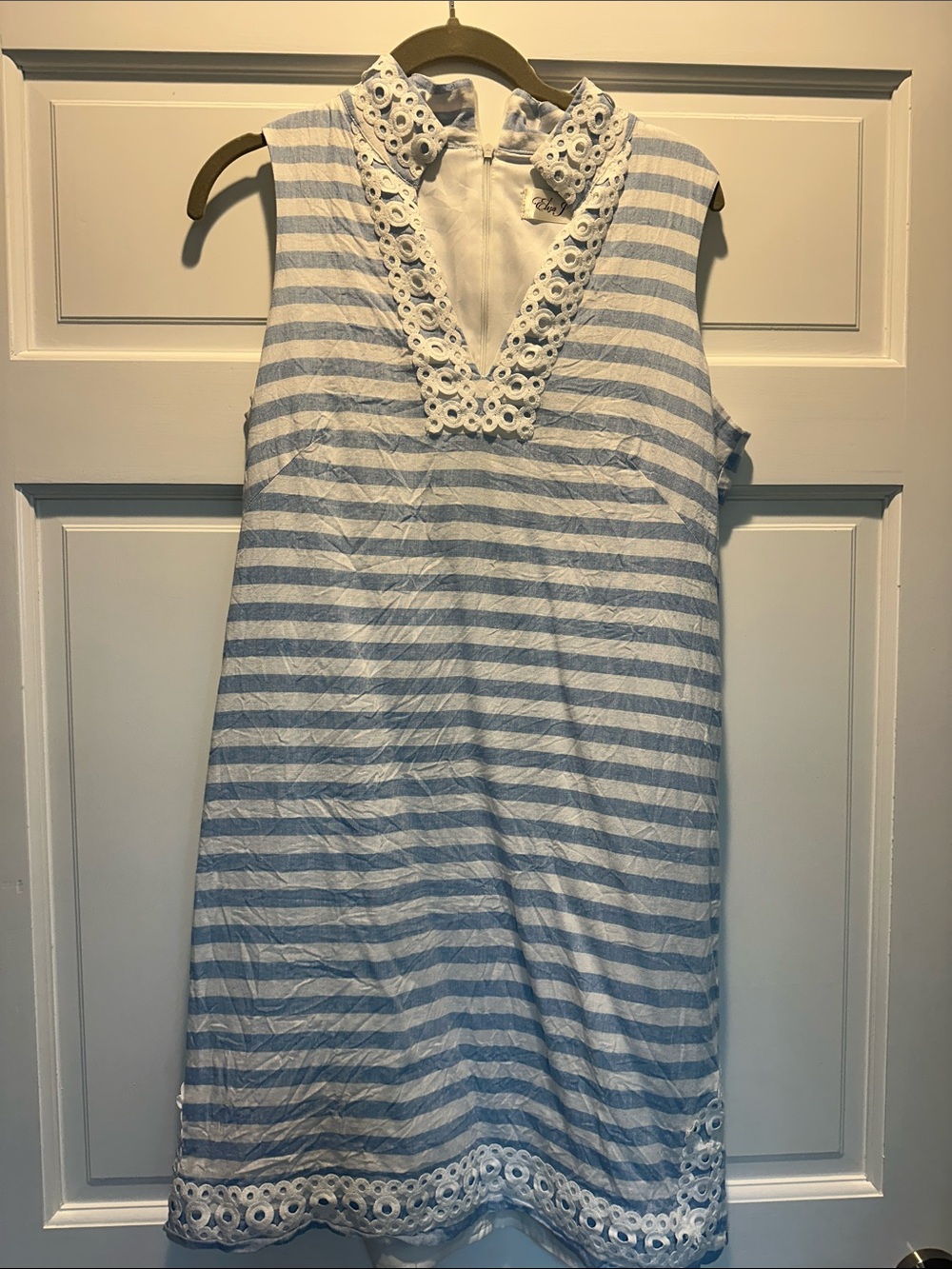 Eliza J Light Blue White Striped Sleeveless Eyelet Trim Dress